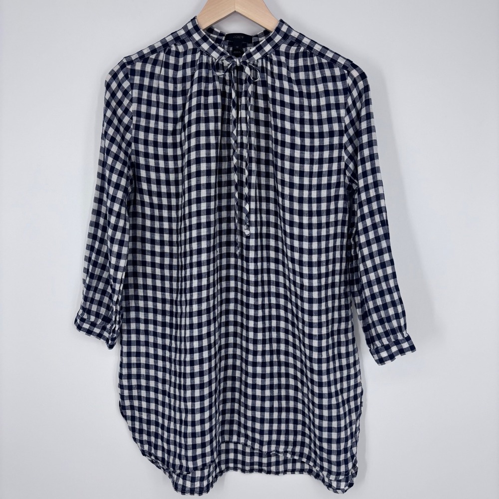 J Crew 100% Linen Tunic Blouse Women XS Navy Gingham Tie Neck Preppy Coastal Top